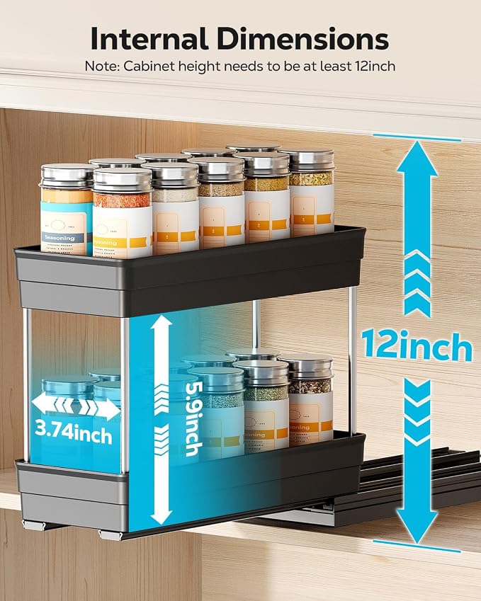 Nieifi 2 Tier Vertical Spice Rack Pull Out for Cabinet-4-1/3 inch Wide | ABS material,spice pull out organizer for cabinet,two installation methods,suitable for cabinets and countertops