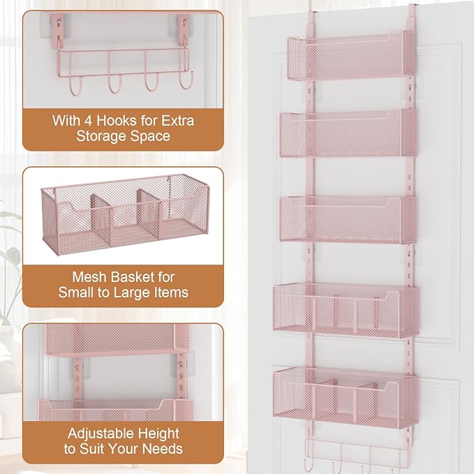 VyGrow Over The Door Organizer, Metal Door Organizer Hanging with 5 Adjustable Baskets and Coat Hook, Behind The Door Storage for Bedroom Closet Bathroom Pantry Cabinet Kitchen, Pink