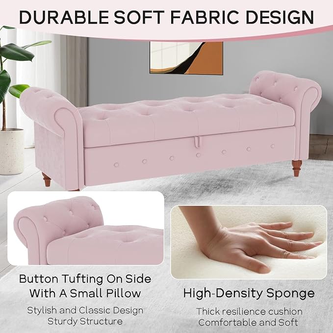 NIOIIKIT 63'' Storage Ottoman Bench, Tufted Entryway Bench Pink Velvet | Button Tufted End of Bed, Large Storage Space, Rolled Armed Ottoman Couch Long Bench for Bedroom, Living Room, Hallway