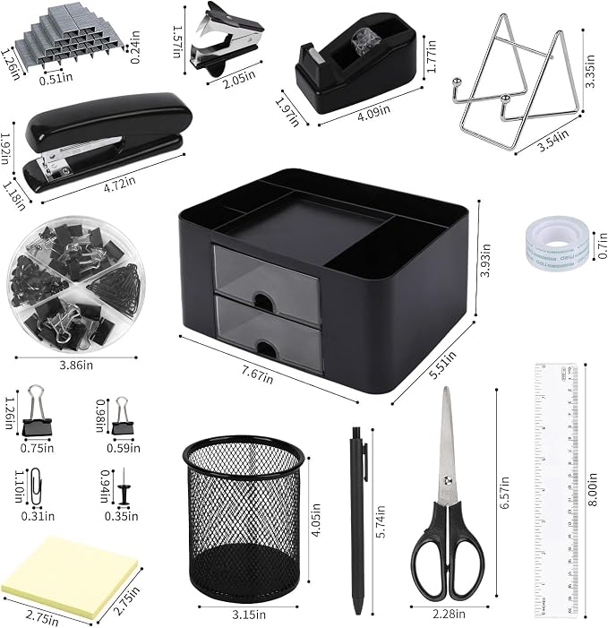 Black Desk Organizers and Accessories 12+1Pcs, Office Supplies for Desk, Pen Organizer with 2 Drawers with Stapler,1000 Staples, Phone Holder, Tape Dispenser, Pen Holder, Sticky Note, Clips, Ruler,Etc