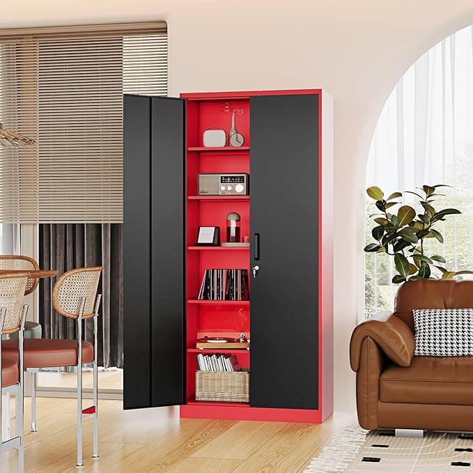 Fesbos Metal Storage Cabinet-71” Tall Steel File Cabinets with Lockable Doors and Adjustable Shelves-Black&Red Steel Storage Cabinet for Home, School, Office, Garage