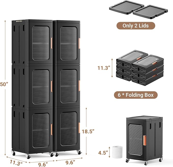 BROVIEW 6-Tier Tall Narrow Storage Cabinet Organizer, Slim Bathroom Cabinets with Adjustable Shelves and Doors, Plastic Kitchen Pantry Organizers and Storages for Small Space, Laundry, Black