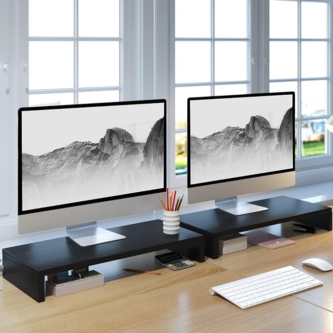 TEAMIX 2-Pack Monitor Stand Riser 20 inch, Wood Desk Computer Shelf, Black | For 2 Monitors, Laptop, Printer, TV, PC Tower, Full Keyboard Storage Underneath, Desk Organizer for Home Office, Gaming Setup