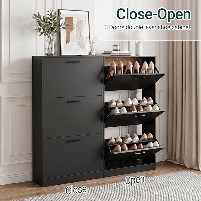Shoe Cabinet with 3 Flip Drawers, Narrow Freestanding Shoe Organizer, Hidden Slim Shoe Storage Cabinet for Entryway, Hallway, Living Room, Black