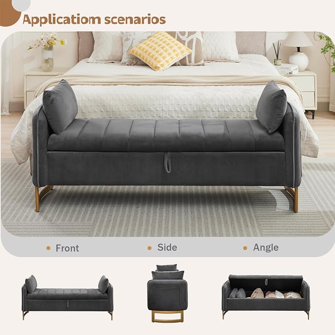 66" King Size End of Bed Storage Bench, Storage Benches for Bedroom Foot of Bed, Upholstered Storage Ottoman Bench with Golden Legs and Pillow for Living Room Window Entryway, Velvet Dark Grey