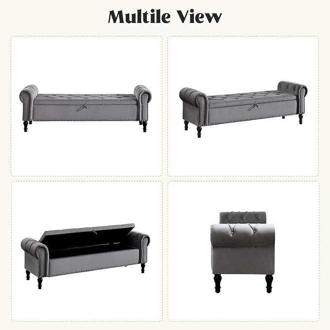 Velvet Storage Bench 67 Inch Upholstered Tufted Ottoman Bench with Rolled Arms Large Storage Space King Size End of Bed Bench for Bedroom Living Room Entryway Grey