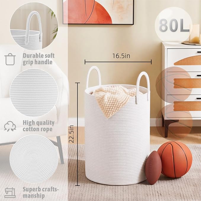 Artfeel Laundry Basket,Woven Cotton Rope Laundry Hamper,80L for Decorative Storage of Dirty Clothes,Toys and Blankets in Bathroom,Baby Room and Living Room