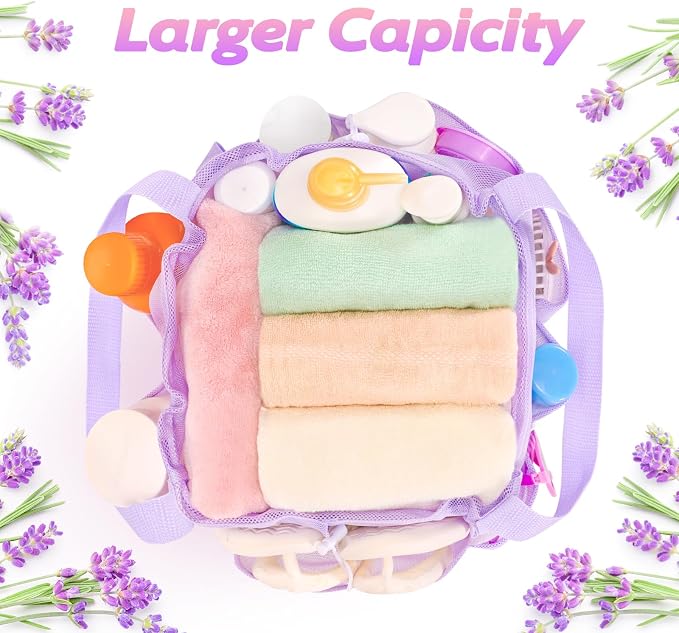 famichan Mesh Shower Caddy Portable with Drawstring, Dorm Room Essentials for College Students Girl & Boy, Larger Shower Bag for Camping,Swimming,Gym,Travel,Bathroom - Purple