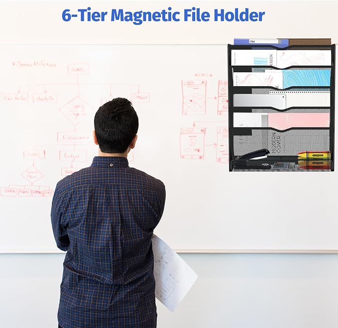 6-Tier Magnetic File Holder, Large Capacity File Cabinet Organizer, No-Drill Mount Hanging Magnetic Paper Holder for File Cabinets, Office, Whiteboard, Magnetic Mail Holder