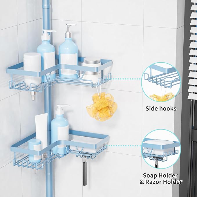 KEGII Shower Caddy Tension Pole, L-Shaped Corner Bathroom Organizer, Blue | Large Capacity 4-Tier Shower Storage with Hooks and Soap Holder, No Drill Rustproof Tension Rod for Renters and Apartments