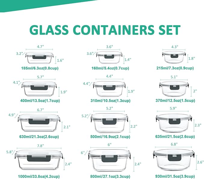 24 Pieces Glass Food Storage Containers Set, Gray | Meal Prep Containers, BPA-Free, Airtight Glass Storage Containers with Lids,Freezer, Microwave and Oven Safe