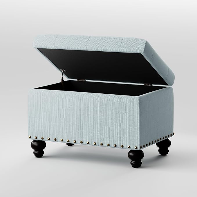 Zihanhome Small Ottoman with Storage, Upholstered Button Tufted Ottoman Foot Rest, Foot Stools, 24" Rectangle Bench with Storage for Living Room, Bedroom, Dorms and Apartments (Light Blue)