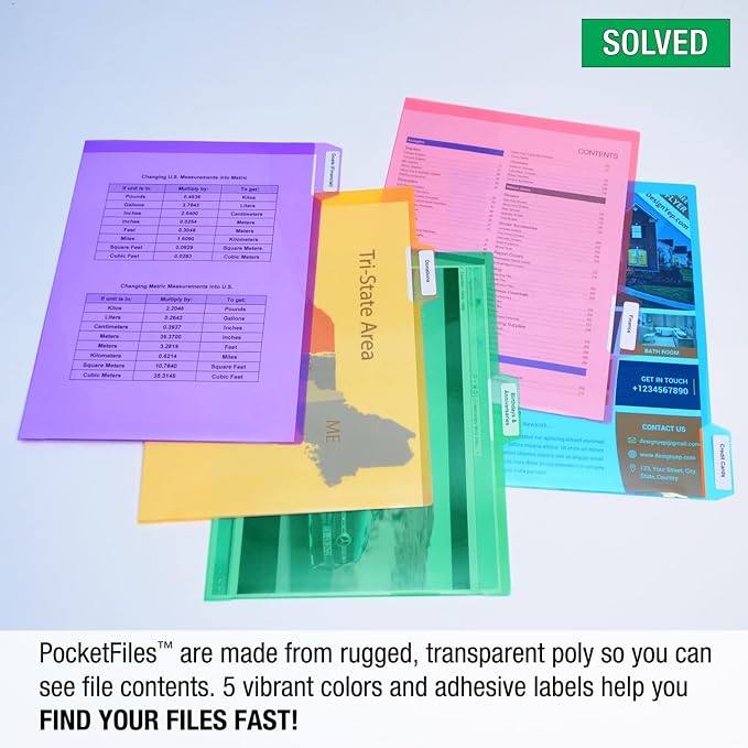 Ultimate Office PocketFile Clear Document Folders, 5th-Cut, Set of 50 | Clear poly project pockets in 5 assorted colors; letter size; sort, color-code, and protect documents without punching