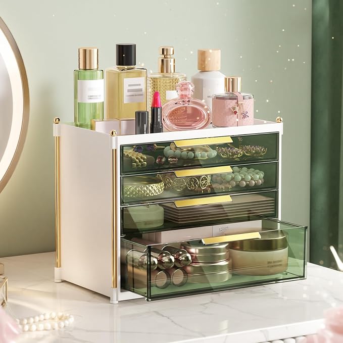 Aveniee 4 Drawers Makeup Organizer- Bathroom Organizers and Storage, Plastic Bins Countertop Perfume Vanity Desk Organization for Cosmetic, Skincare, Face Mask, Jewelry, Green