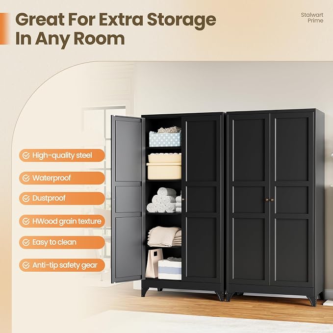 Yizosh Metal Storage Cabinet with 2 Doors and 4 Adjustable Shelves,- 72" Black Kitchen Pantry Storage Cabinet for Kitchen,Living Room,Dining Room