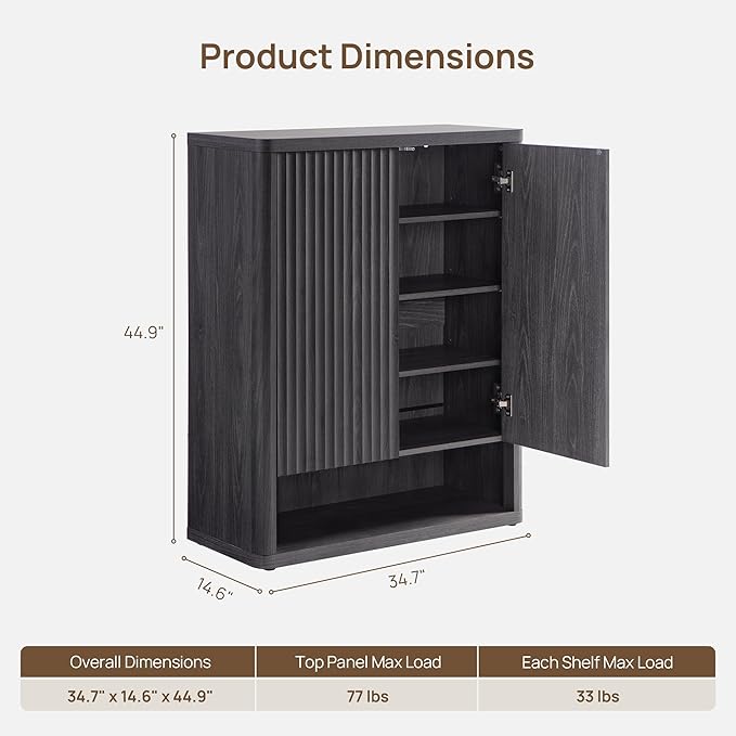 SICOTAS Shoe Cabinet 44 inch Tall Fluted Shoe Cabinet with Doors & 4 Shelves Wooden Large Hidden Shoe Storage Organizer Modern Free Standing 6-Tier Cabinet for Entryway Living Room Closet