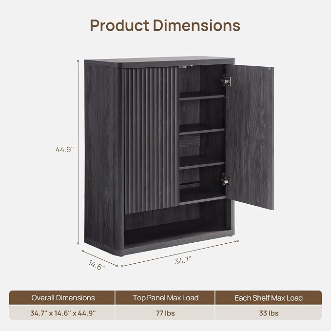 SICOTAS Shoe Cabinet 44 inch Tall Fluted Shoe Cabinet with Doors & 4 Shelves Wooden Large Hidden Shoe Storage Organizer Modern Free Standing 6-Tier Cabinet for Entryway Living Room Closet