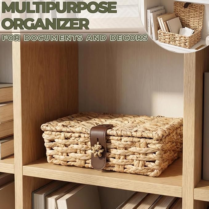 Decorative Boxes with Lid Water Hyacinth Woven Decor Wicker Storage Basket | Small Rectangular Woven Shelf, Cute Wicker Storage Baskets, Bins for Coffee Table, Organize Snack Home Decor