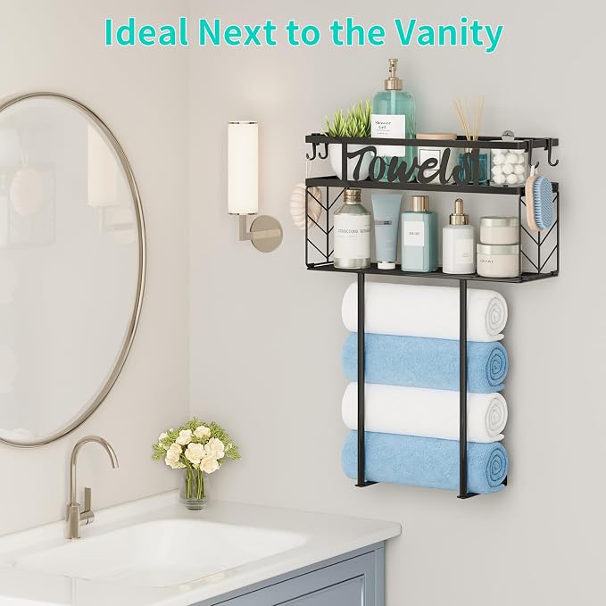 HapiRm Wall Towel Rack for Bathroom, Paper Towel Holder for Above Toilet | Metal Rolled Towel Storage with 4 Hooks Space-Saver Towel Shelf Organizer For Bathtub, Vanity, Small Bathroom, RV, Camper