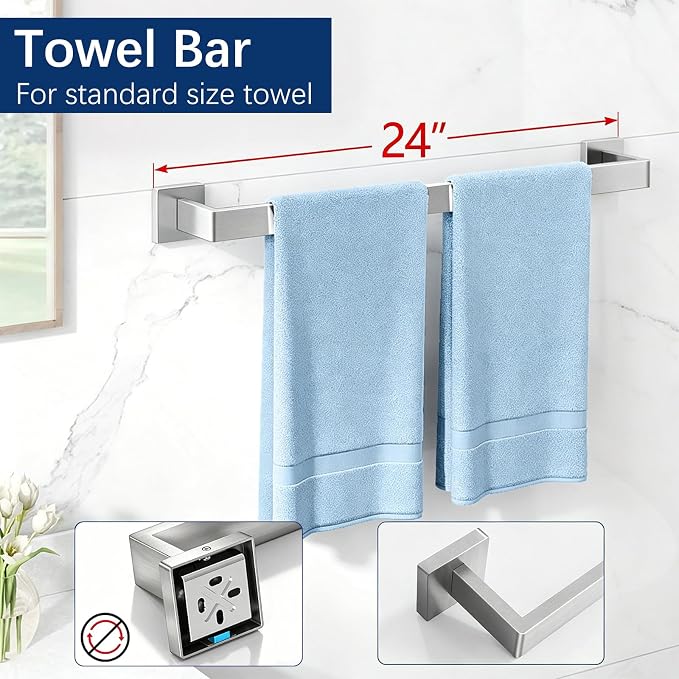 Gypie 24-Inch Extended Towel Bar Set Wall Mounted, Bathroom Accessory Set Brushed Nickel 5-Pieces Bathroom Hardware Set