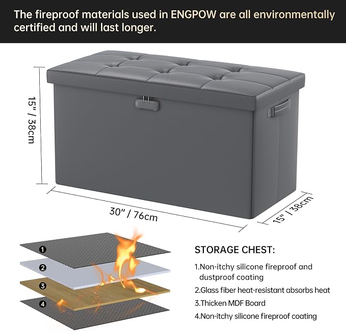 ENGPOW Storage Ottoman Bench,Fireproof Folding Bench with Lock,30 Inches Fire＆Water Resistant Storage Chest Foot Rest Stool Leather Bedroom Ottoman Safe for Documents,Valuables, Grey