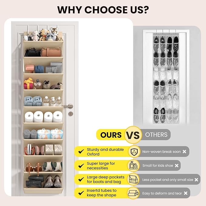 Mefirt 20-25 Pairs Over the Door Shoe Organizer, Clear Pockets Shoe Rack for Closet Door, 10-Tier Hanging Shoe Rack for Boots, Behind the Door Shoe Holder Fit All the Family's Sneakers, Heels, Beige