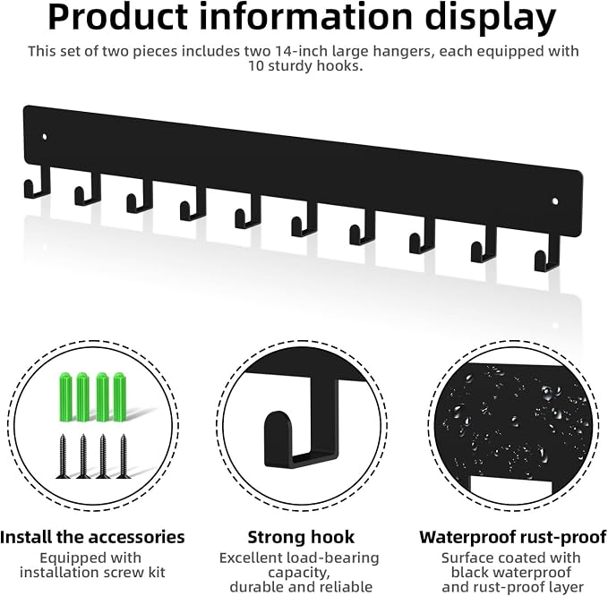 Key Holder Wall Mount,14in with 10 Hooks,Black Metal Key Hanger for Car Key Ring,Suitable for Entrances/Door/Living Rooms/Kitchen/Offices（2 Sets）
