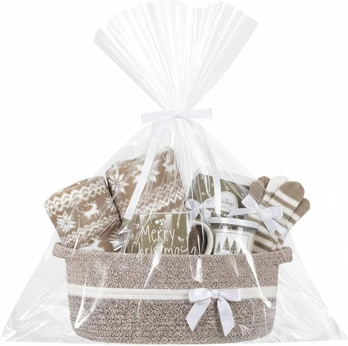 Colingmill 1 Set Woven Empty Basket for Gift,Khaki | with Cellophane Wrap Set, 14 x 10 x 5.5 Inch, Medium Decorative Gift Basket, Cotton Rope Storage Box, Home Decor