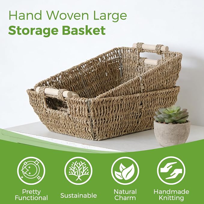 Wicker Baskets with Wooden Handles, Large Seagrass Storage Baskets | 2 Pack, Natural Seagrass Woven Basket for Organizing Shelves, Handwoven Gift Baskets Empty for Snack Display Home Decor