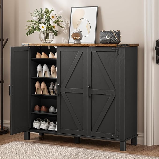 ALLSTAND 5-Tier Shoe Storage Cabinet, Farmhouse Shoe Rack Organizer Cabinet with 4 Adjustable Shelves & Side Cabinets, Freestanding Shoe Cabinet Storage with Anti-tip Fitting for Entryway, Black