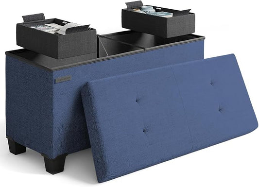 Storage Ottoman Bench with Bins, 30-in Storage Bench for Bedroom End of Bed, Folding Foot Rest Ottoman for Living Room Max 660lbs, Fabric Ottomans, Blue
