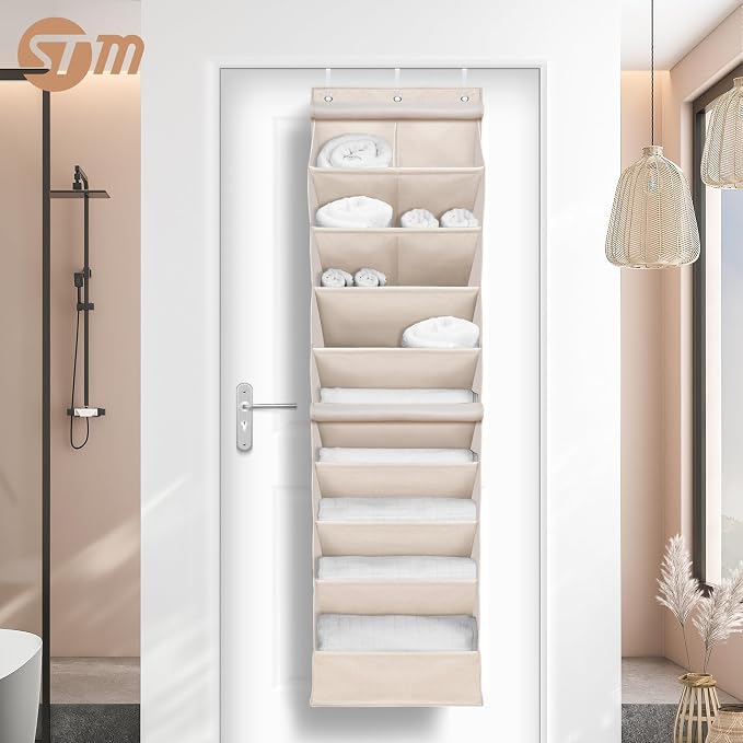 STORAGE MANIAC Over the Door Shoe Organizer with Curtain Dustproof Heavy-Duty Large Deep Pocket Hanging Shoe Organizer for Closet Dorm & Narrow Door Storage Shoe Holder Shoe Rack, 9-Shelf Beige 1 Pack