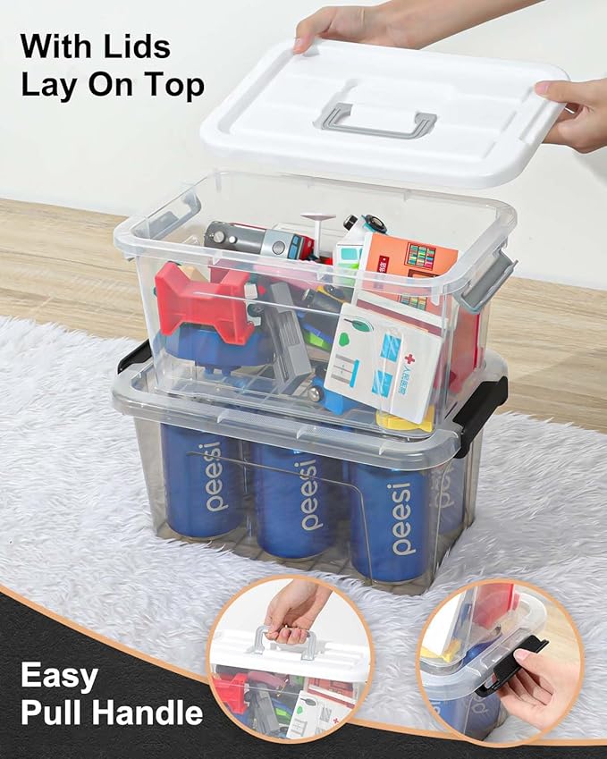 NUMIFUN 7Qt Clear Plastic Storage Bins with Lids,Transparent Design,6 Pack | Stackable organizing totes with buckle latches & handles.Dust-proof clear design for home,office & pantry space saving