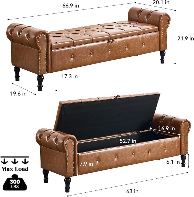 Storage Bench 67" Faux Leather End of Bed Benches Brown | King Size Storage Bench for Bedroom with Rolled Arms Tufted Ottoman Benches Upholstered Bench for Living Room Entryway