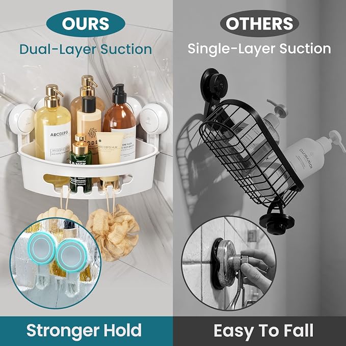TAILI Corner Shower Caddy with Suction Cups, Wall Mounted Organizer Plastic Rack for Small Bathrooms, Kitchen, Removable Drill-Free Heavy Duty Shelf Basket, White | Plastic Rack, Small Bathroom Caddy, Removable, Drill-Free ,Heavy Duty Shower Basket