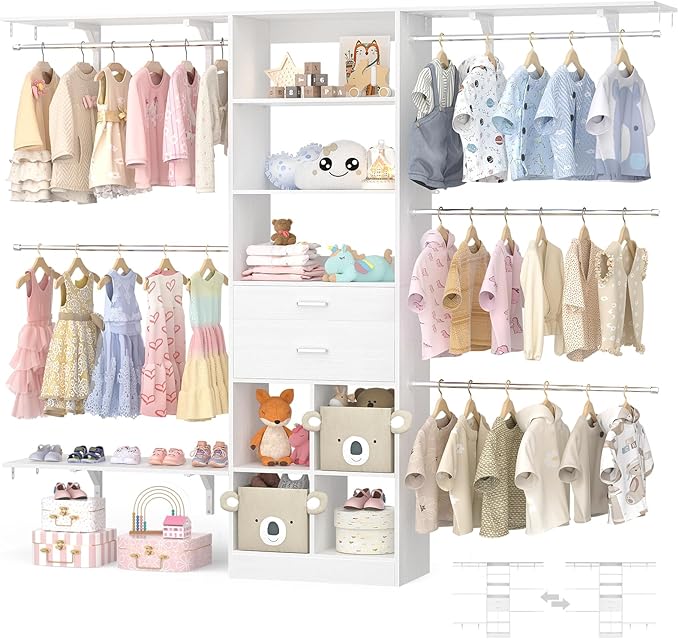 Besiost Closet System - 5-8FT Closet Organizer System with Wooden Drawers & Cube Storage Organizer, Up To 96" Closet Systems for Nursery & Walk-In Closets with Cuttable Hanging Shelving, White