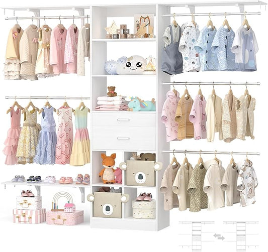 Besiost Closet System - 5-8FT Closet Organizer System with Wooden Drawers & Cube Storage Organizer, Up To 96" Closet Systems for Nursery & Walk-In Closets with Cuttable Hanging Shelving, White