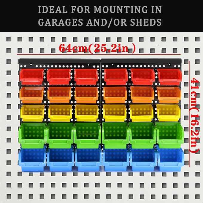 30-Bin Wall Mounted Storage Bins Kit, Tool Organizer Rack, Garage Hardware Organizer, 5 Color Parts Storage Bins, DIY Combination