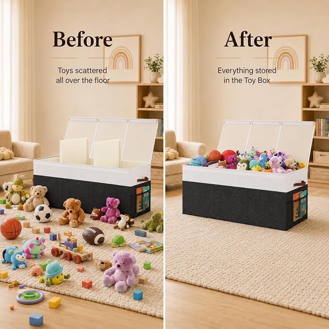 150L Extra Large Toy Storage Box with Lid for Boys Girls Nursery Playroom | Collapsible with Lid, Removable Divider, 40"x14"x16", Side Pockets, For Nursery, Living Room, Playroom
