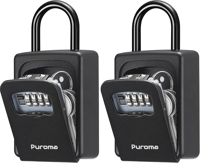 Puroma Lock Box, Large Key Lock Box Resettable Combination Lockbox, Portable Wall Mount Lockbox Security Safe Box for Outside Outdoor Home Office Door Handle House Key, Pure Black (2 Pack)