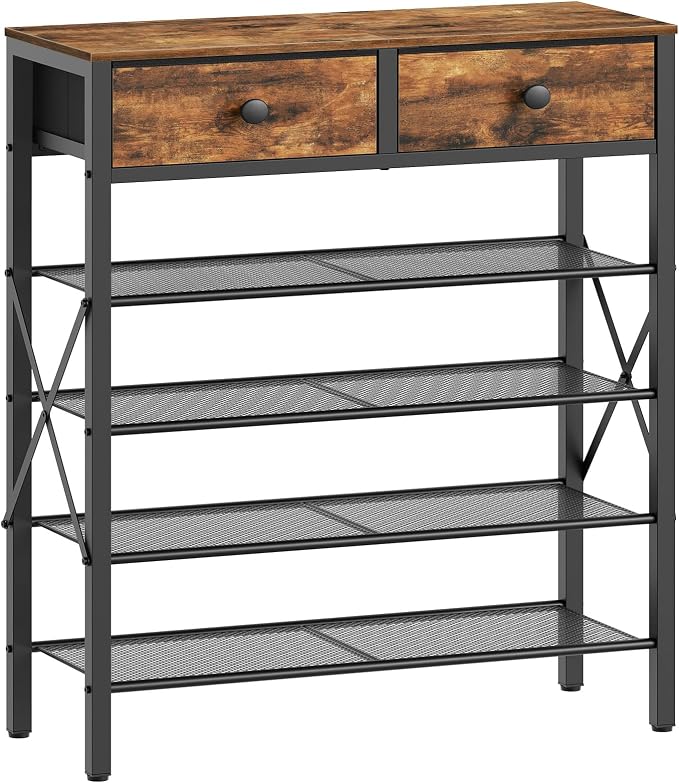 5 Tier Shoe Rack, Large Capacity Shoe Storage Organizer, Metal Shoe Shelf with Drawer and Wooden Top, for 20 Pairs of Shoes, for Entryway, Closet, Rustic Brown and Black SS25BRY1N1