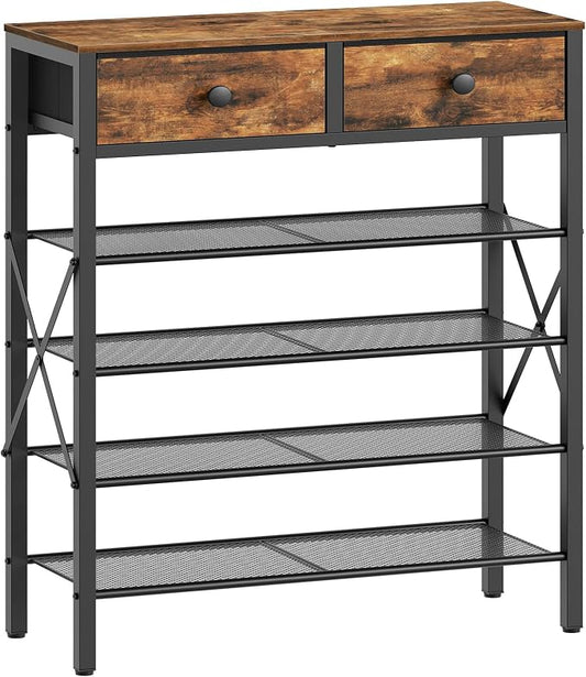 5 Tier Shoe Rack, Large Capacity Shoe Storage Organizer, Metal Shoe Shelf with Drawer and Wooden Top, for 20 Pairs of Shoes, for Entryway, Closet, Rustic Brown and Black SS25BRY1N1