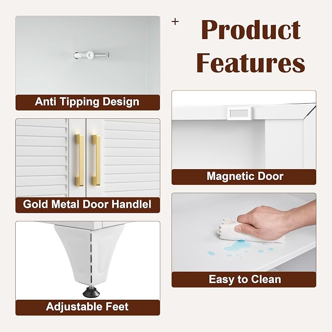 SteeLoong 75" Metal Storage Cabinet with Doors and 5 Adjustable Shelves | Kitchen Pantry Cabinet,White Tall Freestanding Cupboard with Gold Handle,Steel Garage Cabinets for Tool,Office,Kitchen,School