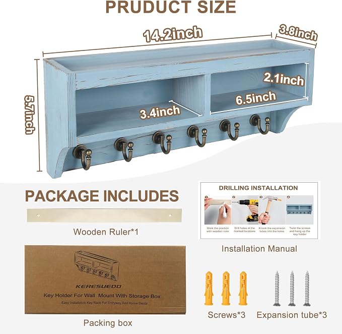 Key Holder Wall Mount with Mail Organizer, 6 Hooks & Shelf, Blue | Wood Key Holder Wall Mount with 6 Key Hooks, Shelf & Storage Box and Mail Organizer for Entryway, Apartment, Home and Office
