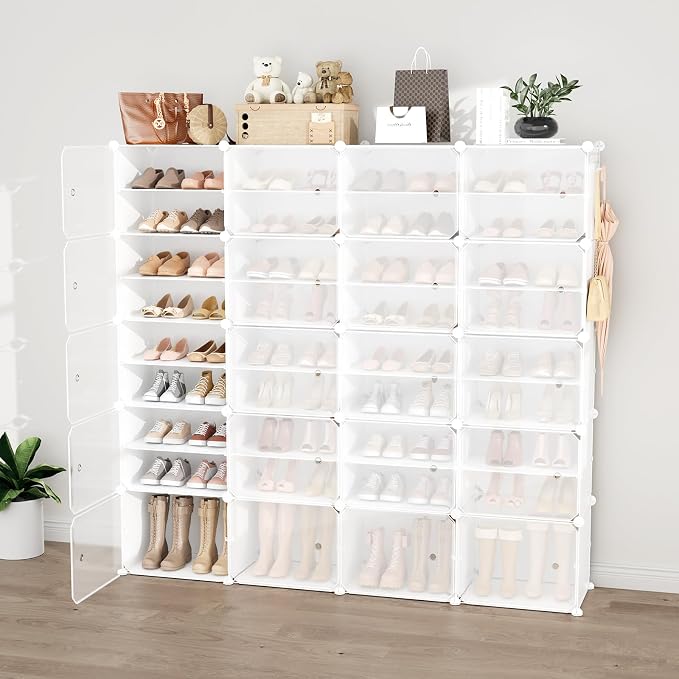 Portable Shoe Rack Organizer with Door, 80 Pairs Shoe Storage Cabinet Easy Assembly, Plastic Adjustable Shoe Storage Organizer Stackable Detachable Free Standing DIY Expandable 10 Tier White
