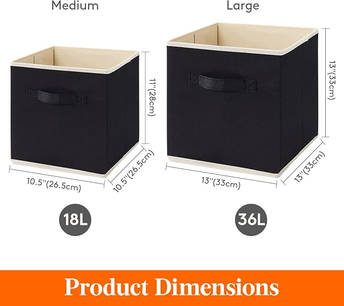 Lifewit Storage Cubes, Foldable Decorative Fabric Storage Baskets for Organizing Home Organizers with Handles for Shelves, Closet, 11 Inch Bins, 18L Black, 6 Packs