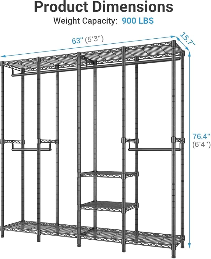 VIPEK V40 Heavy Duty Clothes Rack, Modular Closet System Clothing Rack | 76 inch Adjustable Open Clothing Storage System with 6 Shelves & 4 Hang Rods for Bedroom/Reach-in Closet, Black