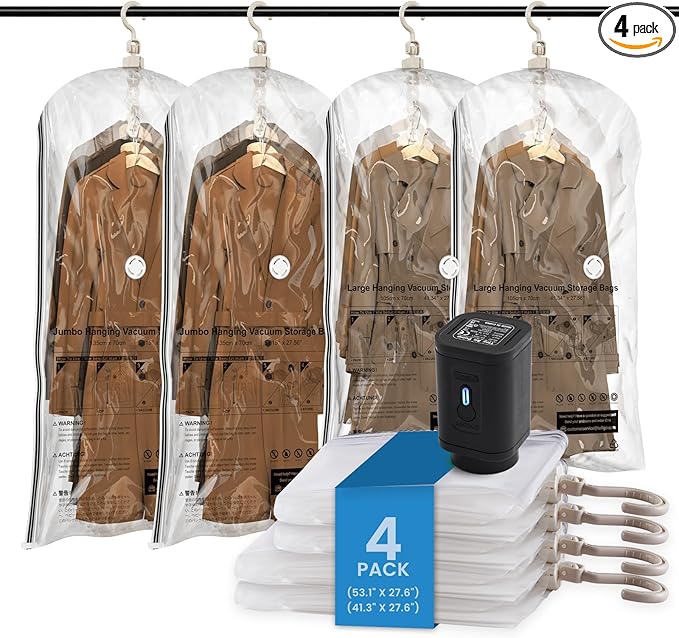 TAILI Hanging Vacuum Storage Bags with Electric Air Pump, Vacuum Seal Bags for Clothing Travel, Space Saving Hangers for Clothes, Coats, Suits and Jackets, Set of 4(2 Long, 2 Short)