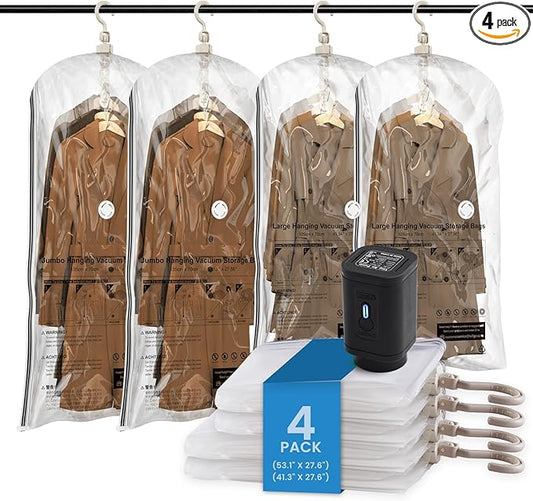 TAILI Hanging Vacuum Storage Bags with Electric Air Pump, Vacuum Seal Bags for Clothing Travel, Space Saving Hangers for Clothes, Coats, Suits and Jackets, Set of 4(2 Long, 2 Short)