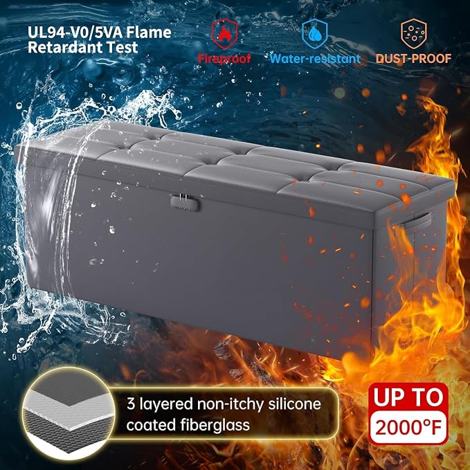 ENGPOW Storage Ottoman, Fireproof Folding Bench with Lock(15”x 43”x15”), Water-Resistant ＆ Heat Insulation Large Storage Chest with Handles＆2 Extra Spaces Safe for Living Room, Bedroom, Home, Grey